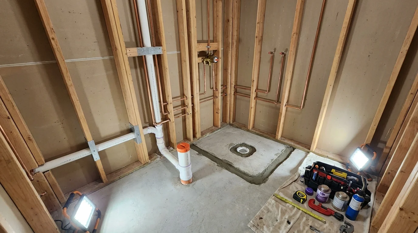 Bathroom rough-in plumbing during remodel by Johns Plumbing LLC in Argyle