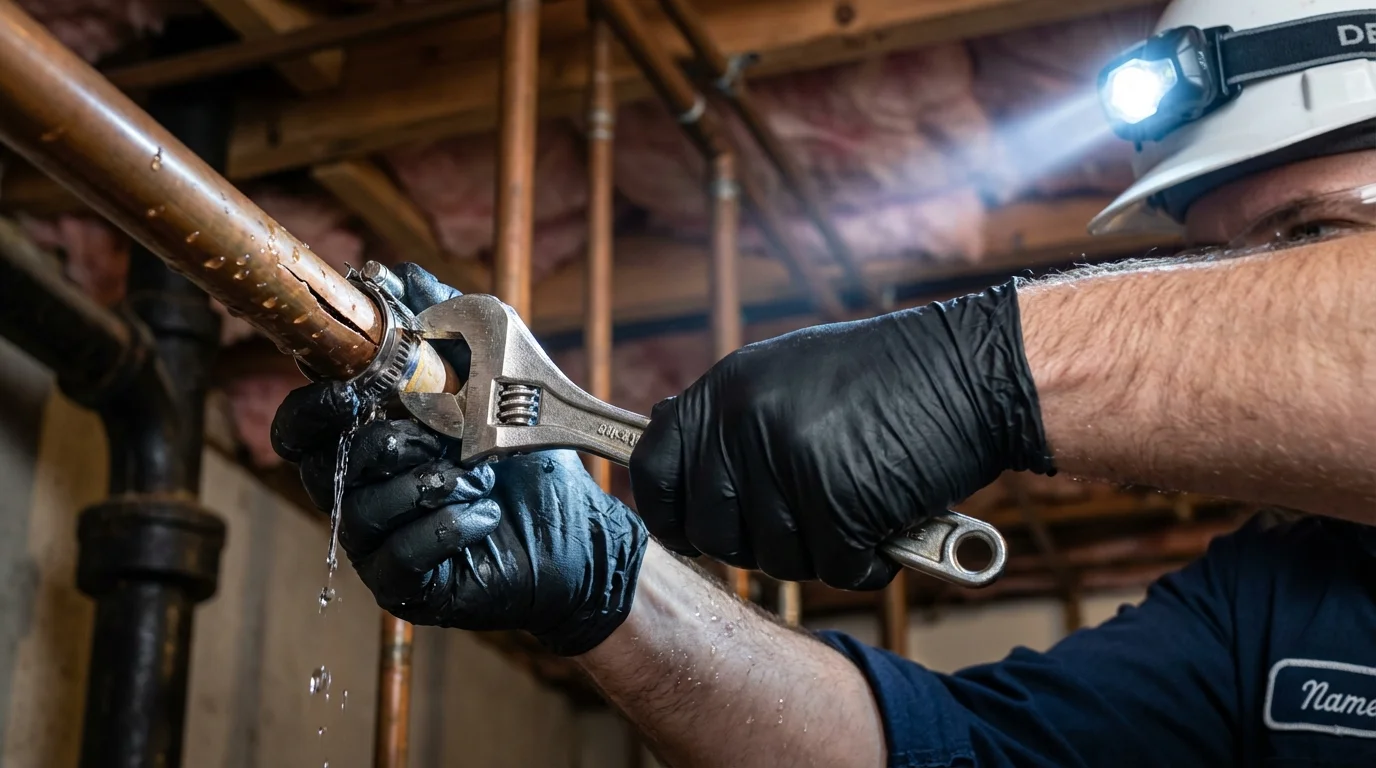 Emergency pipe clamp repair being performed by a Johns Plumbing LLC plumber in Argyle