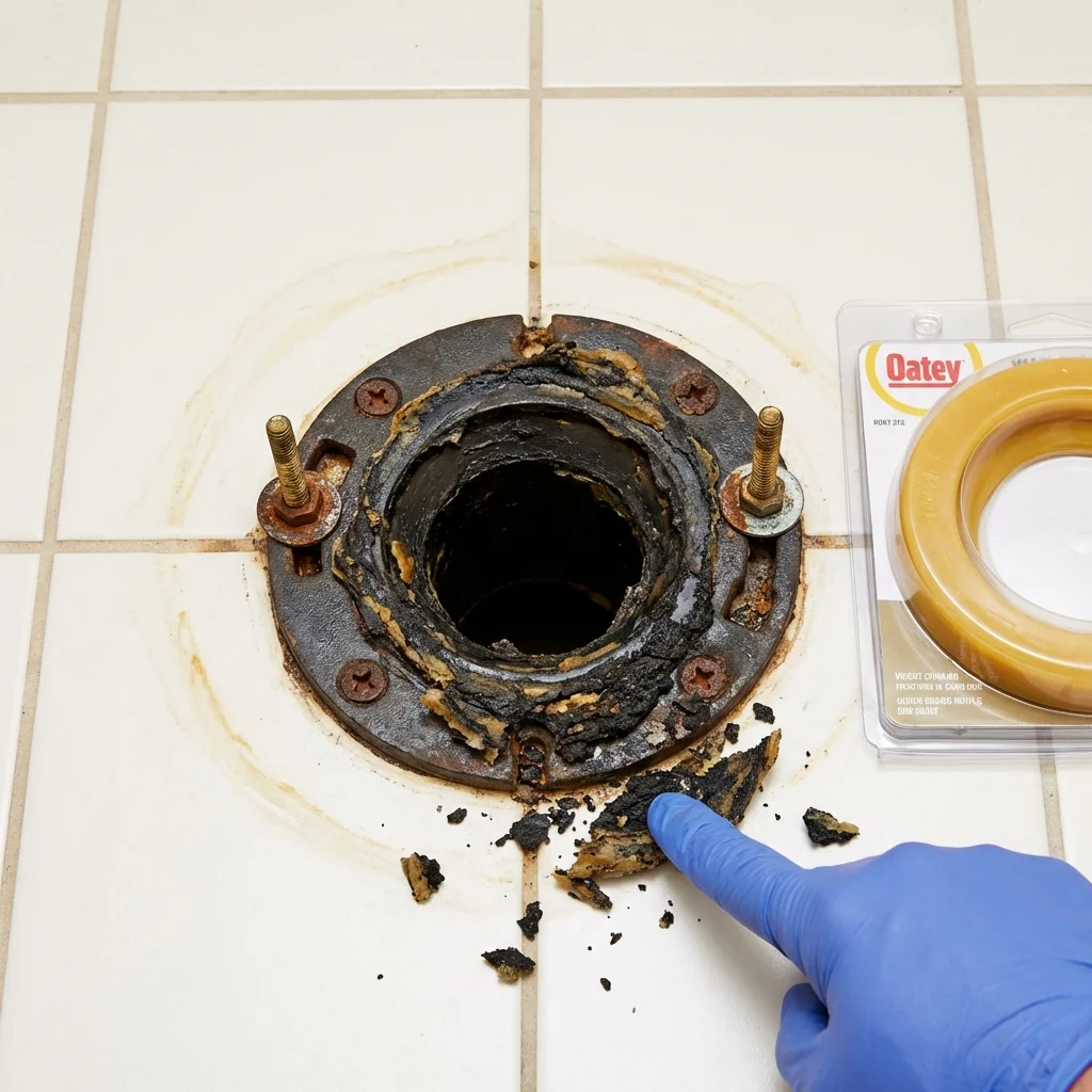 Failed wax ring showing water seepage at the base of a toilet in a Argyle, TX home
