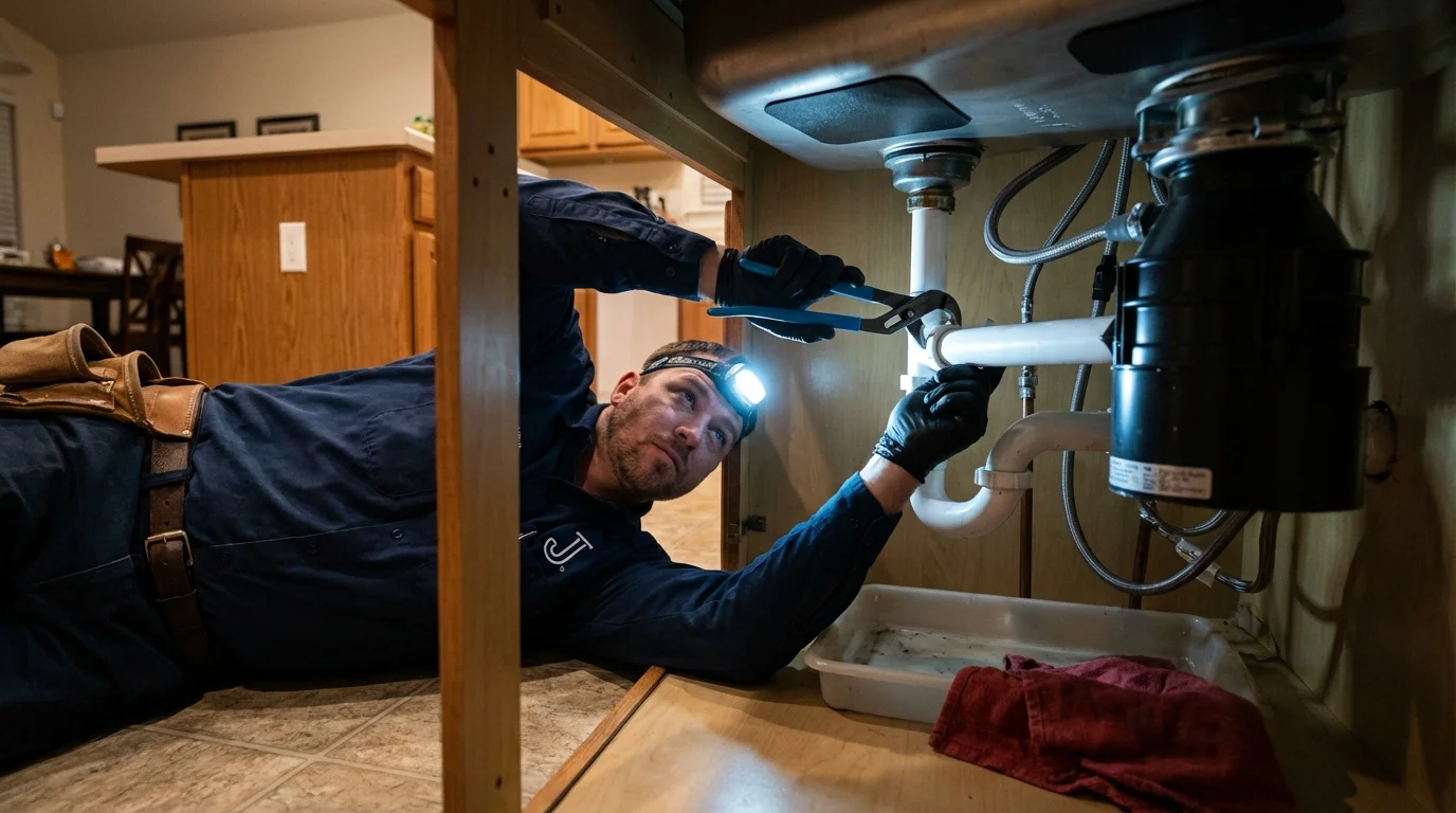 P-trap and supply line connections under a kitchen sink showing a common leak point in Argyle, TX